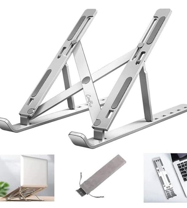 Ergonomic Laptop Stand - The height and angle can be adjusted freely by pushing and pulling. The adjustable laptop stand lets you find an ideal height of sight no matter sitting or standing, which improves your body posture and helps relieve neck, back pain and eye strain. An ideal choice for working at home, office. Cooling & Ventilation Design - 100% Aluminum alloy material can absorb and dissipate heat easily. What’s more, the ventilation holes design and adjustable height provide natural airflow space beneath laptop, which helps laptop cooling and prevents laptop from overheating greatly. Stable & Sturdy - Made of premium Aluminum alloy, the laptop riser is stylish and heavy duty. It will support up to 13 lbs(6kg) without any wobble. 2 protective hooks and the silicone pads on panel protect laptop from scratch and sliding off. The silicone pads at the bottom keep the laptop holder firmly. Broad Compatibility - The sturdy computer stand fits varieties of laptops from 10" - 16". Compatible with MacBook, MacBook Pro, MacBook Air, Asus, Sony, Dell, HP, Toshiba, Lenovo, Chromebook and more notebooks, all iPads and tablets.; Foldable & Practical - The notebook stand is collapsible for storage and carry. It can be used to hold a variety of items, such as laptop, tablet, projector, menu, book, magazine and more. A practical gift for your friends and families.
