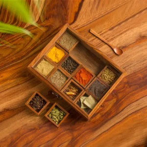 Wooden Masala Box Organizer With Spoon