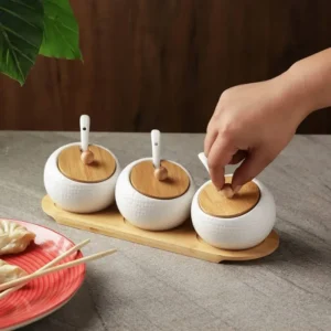 Ceramic Storage Jars With Bamboo Lid & Tray